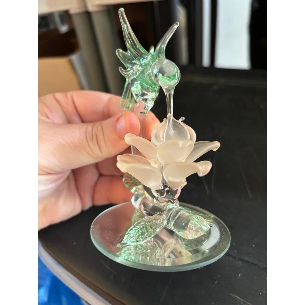 Glass Hummingbird Figurine w/ Flower Frosted Clear Mirror Base Art Glass Vintage